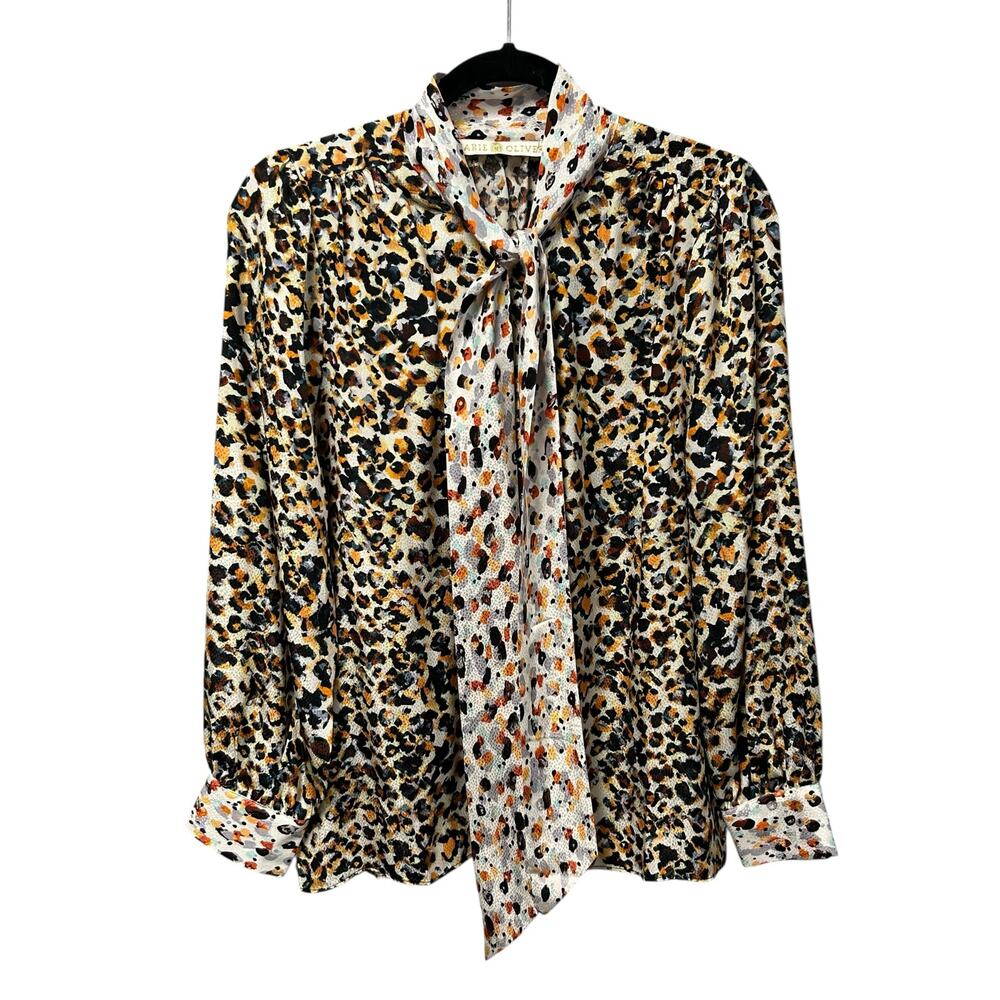 Marie Oliver 100% Silk Cream Multicolor Animal Print Tie Neck Top Womens Medium